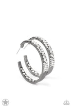 Load image into Gallery viewer, Paparazzi's GLITZY By Association - Gunmetal hoop earrings (Blockbusters)
