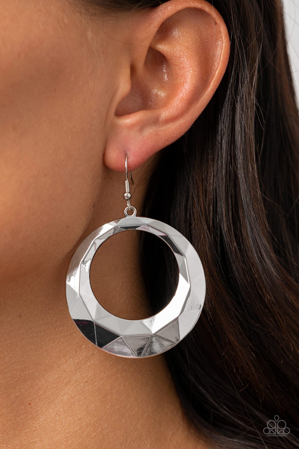 Paparazzi's Fiercely Faceted - Silver hoop earrings