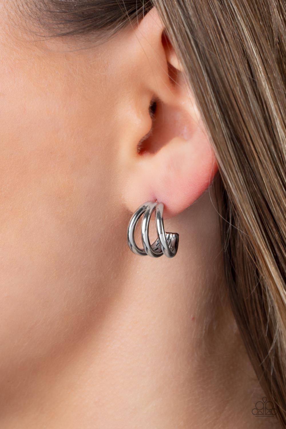 Paparazzi's TRIPLE Down - Silver hoop earrings